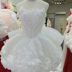 ชุดเดรส เกาะอก แต่งดอก+กลิตเตอร์ สีขาว 2020 Size S BKK