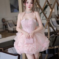 ชุดเดรส เกาะอก แต่งดอก+กลิตเตอร์ สีชมพู 2031 Size S BKK