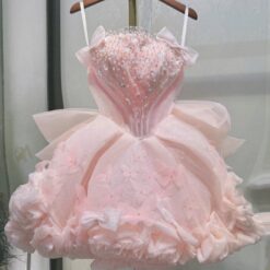 ชุดเดรส เกาะอก แต่งดอก+กลิตเตอร์ สีชมพู 2031 Size S BKK