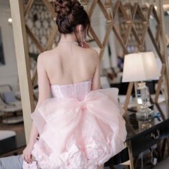 ชุดเดรส เกาะอก แต่งดอก+กลิตเตอร์ สีชมพู 2031 Size S BKK