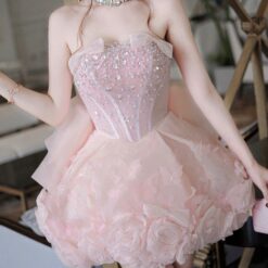 ชุดเดรส เกาะอก แต่งดอก+กลิตเตอร์ สีชมพู 2031 Size S BKK