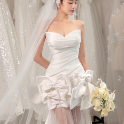 ชุดแต่งงาน ราตรียาว เกาะอก แต่งโบว์ สีขาว 3018 Size S BKK