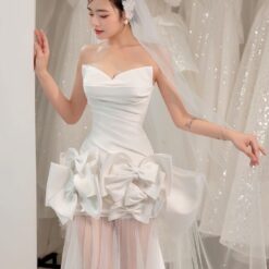 ชุดแต่งงาน ราตรียาว เกาะอก แต่งโบว์ สีขาว 3018 Size S BKK
