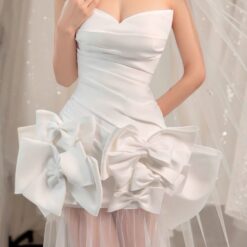 ชุดแต่งงาน ราตรียาว เกาะอก แต่งโบว์ สีขาว 3018 Size S BKK