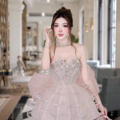 ชุดเดรส เกาะอก แต่งเพชร+โบว์ สีชมพู 2050 Size L BKK