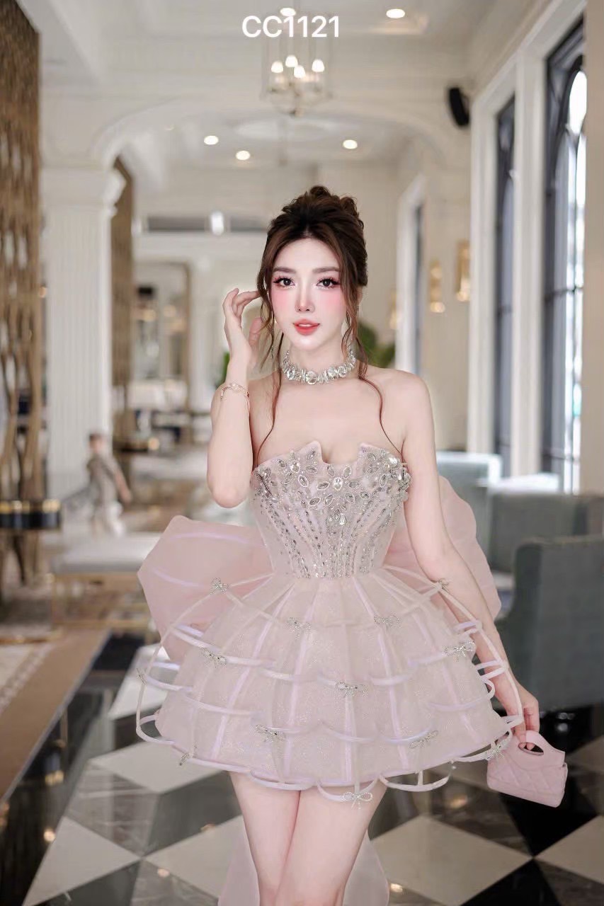 ชุดเดรส เกาะอก แต่งเพชร+โบว์ สีชมพู 2050 Size L BKK - Image 2