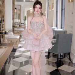 ชุดเดรส เกาะอก แต่งเพชร+โบว์ สีชมพู 2050 Size L BKK
