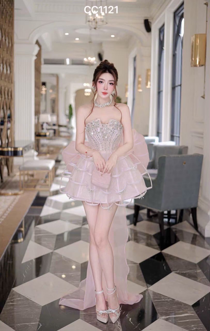 ชุดเดรส เกาะอก แต่งเพชร+โบว์ สีชมพู 2050 Size L BKK - Image 3