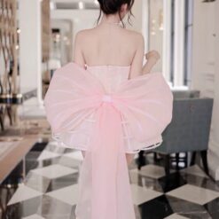 ชุดเดรส เกาะอก แต่งเพชร+โบว์ สีชมพู 2050 Size L BKK