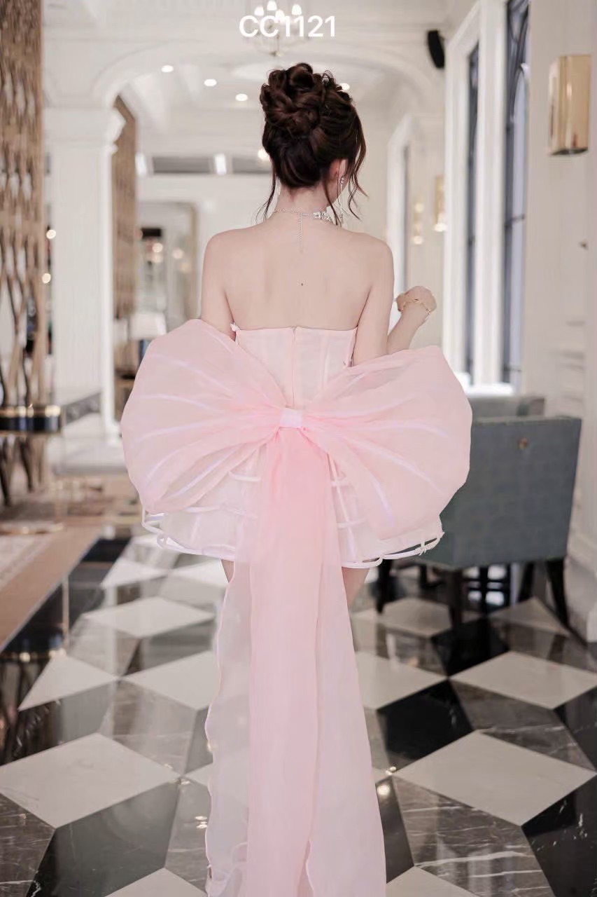 ชุดเดรส เกาะอก แต่งเพชร+โบว์ สีชมพู 2050 Size L BKK - Image 4