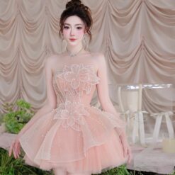 ชุดเดรส เกาะอก แต่งดอก+กลิตเตอร์ สีชมพู 2038 Size M BKK