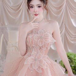 ชุดเดรส เกาะอก แต่งดอก+กลิตเตอร์ สีชมพู 2038 Size M BKK