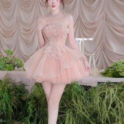 ชุดเดรส เกาะอก แต่งดอก+กลิตเตอร์ สีชมพู 2038 Size M BKK