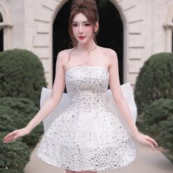 ชุดเดรส เกาะอก แต่งเพชรกลิตเตอร์+โบว์ สีขาว 2033 Size M BKK