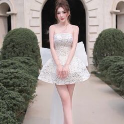ชุดเดรส เกาะอก แต่งเพชรกลิตเตอร์+โบว์ สีขาว 2033 Size M BKK