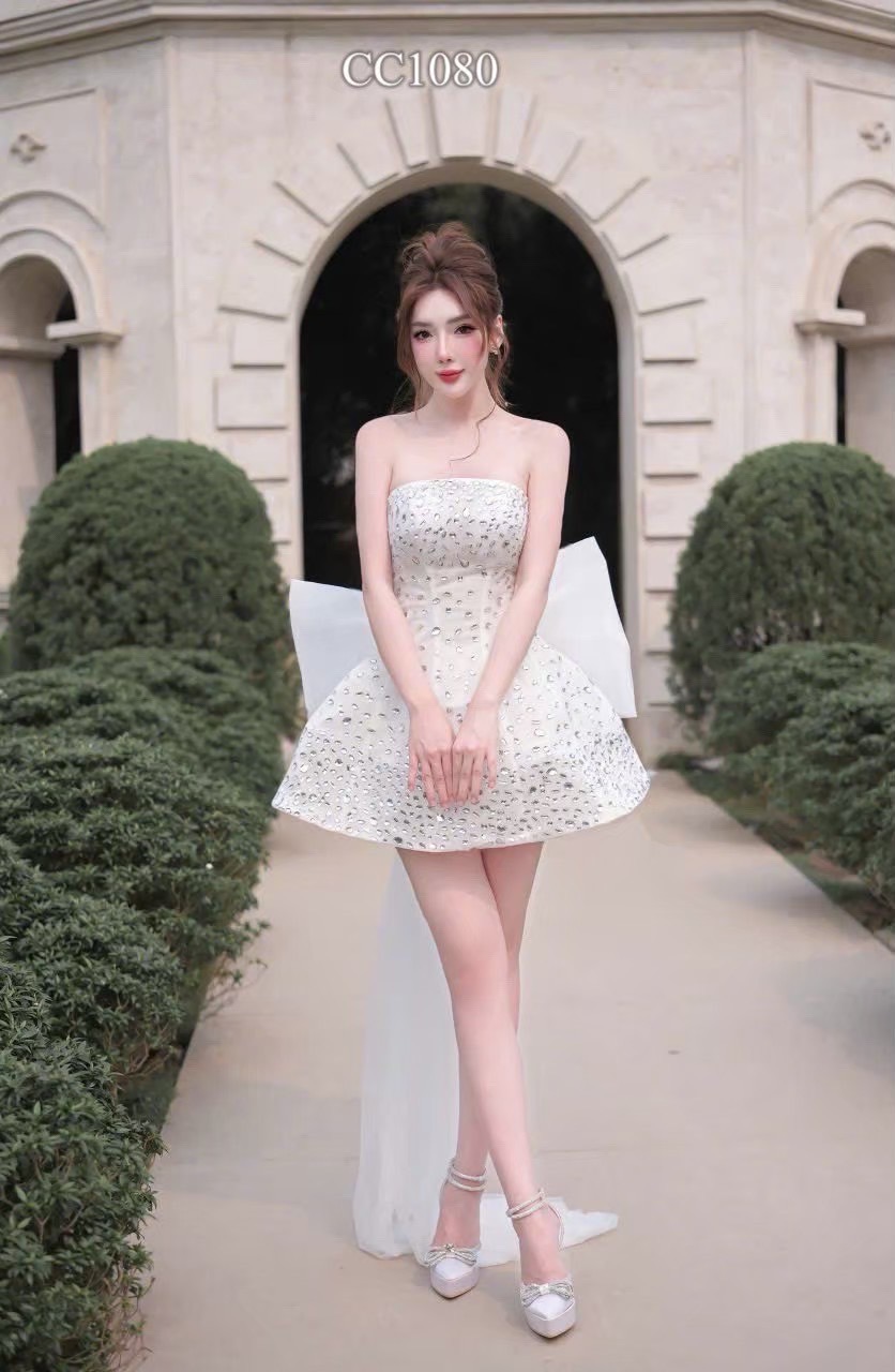 ชุดเดรส เกาะอก แต่งเพชรกลิตเตอร์+โบว์ สีขาว 2033 Size M BKK - Image 2