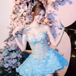 ชุดเดรส เกาะอก แต่งโบว์ สีฟ้า 2045 Size M BKK
