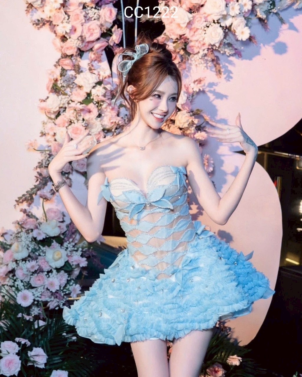 ชุดเดรส เกาะอก แต่งโบว์ สีฟ้า 2045 Size M BKK - Image 4