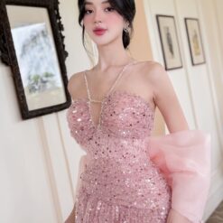 ชุดเดรส เกาะอก แต่งกลิตเตอร์+โบว์ สีชมพู 2051 Size S BKK
