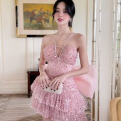 ชุดเดรส เกาะอก แต่งกลิตเตอร์+โบว์ สีชมพู 2051 Size S BKK