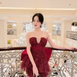 ชุดเดรส เกาะอก แต่งกลิตเตอร์+โบว์ สีแดง 2053 Size S BKK