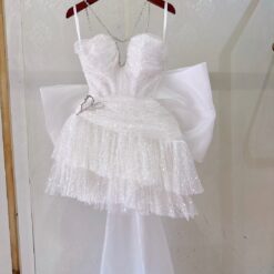 ชุดเดรส เกาะอก แต่งกลิตเตอร์+โบว์ สีขาว 2052 Size S BKK