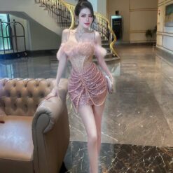ชุดเดรส สายเดี่ยว ปาดไหล่ แต่งมุก+ขน สีชมพู 2056 Size S BKK