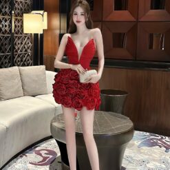 ชุดเดรส เกาะอก แต่งดอก สีแดง 2058 Size S BKK