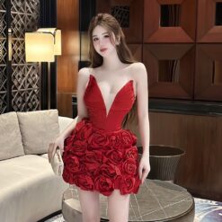 ชุดเดรส เกาะอก แต่งดอก สีแดง 2058 Size S BKK