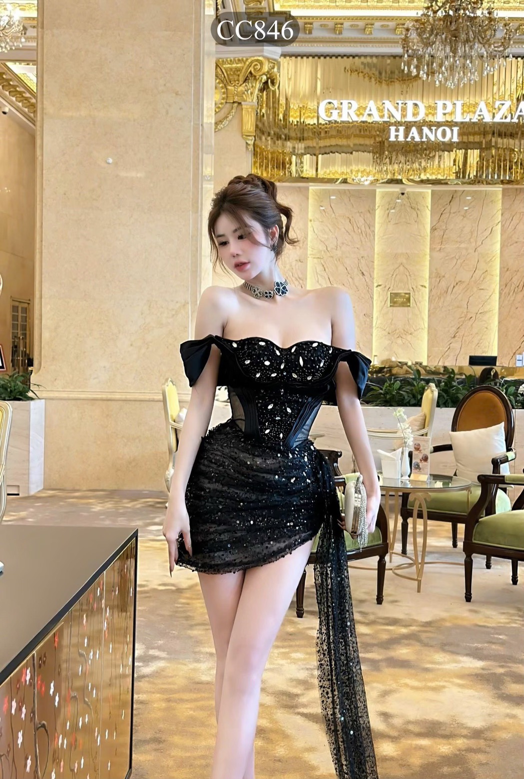 ชุดเดรส ปาดไหล่ แต่งเพชร+กลิตเตอร์ สีดำ 2060 Size S BKK - Image 3