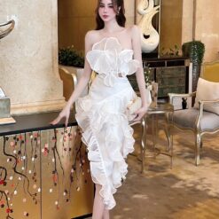 ชุดเซ็ท 2 ชิ้น เสื้อ+กระโปรง แต่งดอก สีขาว 4002 Size S BKK