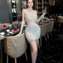 ชุดเซ็ท 2 ชิ้น เสื้อ+กระโปรง แต่งมุก สีเทา 4003 Size S BKK
