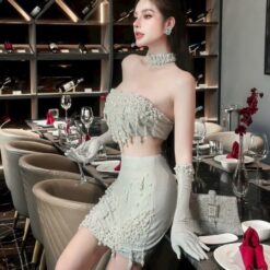 ชุดเซ็ท 2 ชิ้น เสื้อ+กระโปรง แต่งมุก สีเทา 4003 Size S BKK
