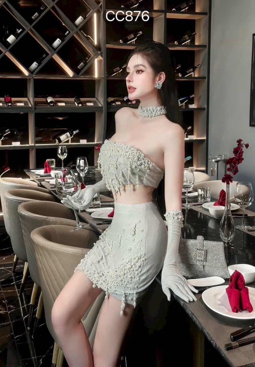 ชุดเซ็ท 2 ชิ้น เสื้อ+กระโปรง แต่งมุก สีเทา 4003 Size S BKK - Image 3