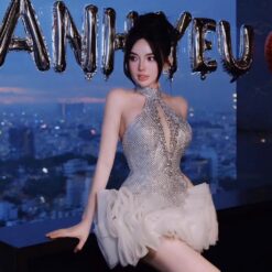 ชุดเดรส คล้องคอ แต่งเพชร+กลิตเตอร์ สีเงิน 2061 Size M BKK