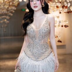 ชุดเดรส สายเดี่ยว แต่งเพชร+ขน สีครีม 2063 Size S BKK