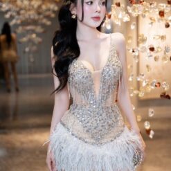 ชุดเดรส สายเดี่ยว แต่งเพชร+ขน สีครีม 2063 Size S BKK