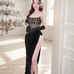 ชุดราตรียาว เกาะอก แต่งมุก+กลิตเตอร์ สีดำ 3004 Size S-M BKK