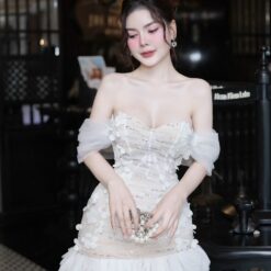 ชุดเดรส ปาดไหล่ แต่งดอก สีขาว-ครีม 2066 Size S BKK