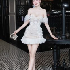 ชุดเดรส ปาดไหล่ แต่งดอก สีขาว-ครีม 2066 Size S BKK