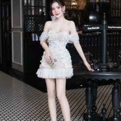 ชุดเดรส ปาดไหล่ แต่งดอก สีขาว-ครีม 2066 Size S BKK