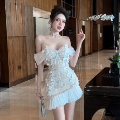 ชุดเดรส ปาดไหล่ แต่งดอก สีขาว-ครีม 2066 Size S BKK