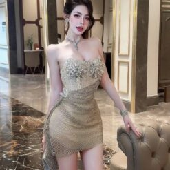 ชุดเดรส เกาะอก แต่งเพชร+กลิตเตอร์ สีครีม ทอง 2067 Size M BKK