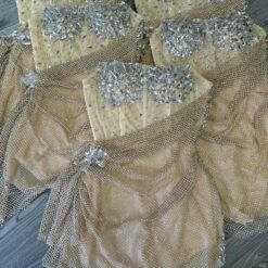 ชุดเดรส เกาะอก แต่งเพชร+กลิตเตอร์ สีครีม ทอง 2067 Size M BKK