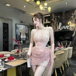 ชุดเดรส เกาะอก แต่งกลิตเตอร์ สีชมพู 2068 Size S BKK