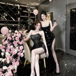 ชุดเดรส เกาะอก แต่งกลิตเตอร์ สีดำ 2069 Size M BKK