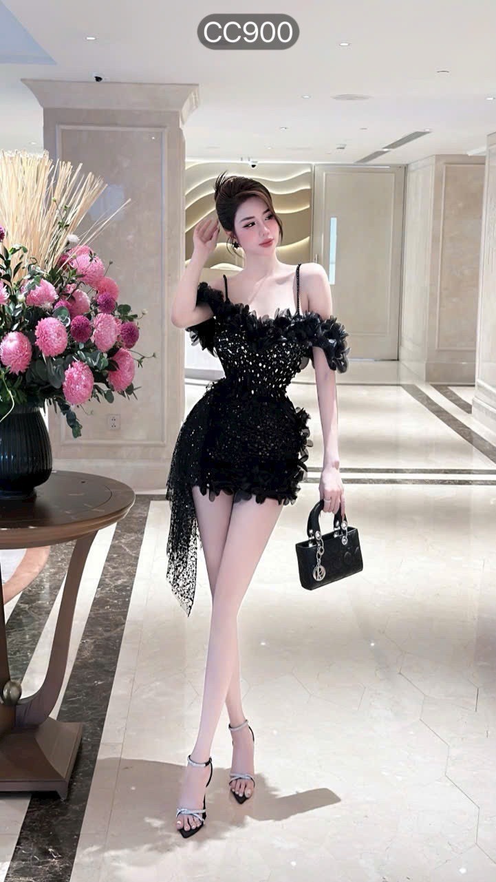 ชุดเดรส สายเดี่ยว ปาดไหล่ แต่งมุก+ดอก สีดำ 2071 Size M - Image 3