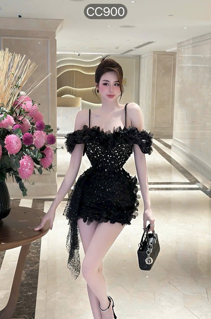 ชุดเดรส สายเดี่ยว ปาดไหล่ แต่งมุก+ดอก สีดำ 2071 Size M - Image 2