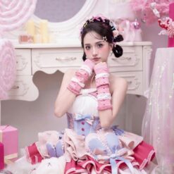 ชุดเดรส เกาะอก แต่งโบว์ สีชมพู-ฟ้า สีแดง 2072 Size S-M BKK