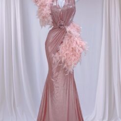 ชุดราตรียาว คล้องคอ แต่งดอก+ขน สีชมพู 3007 Size S BKK